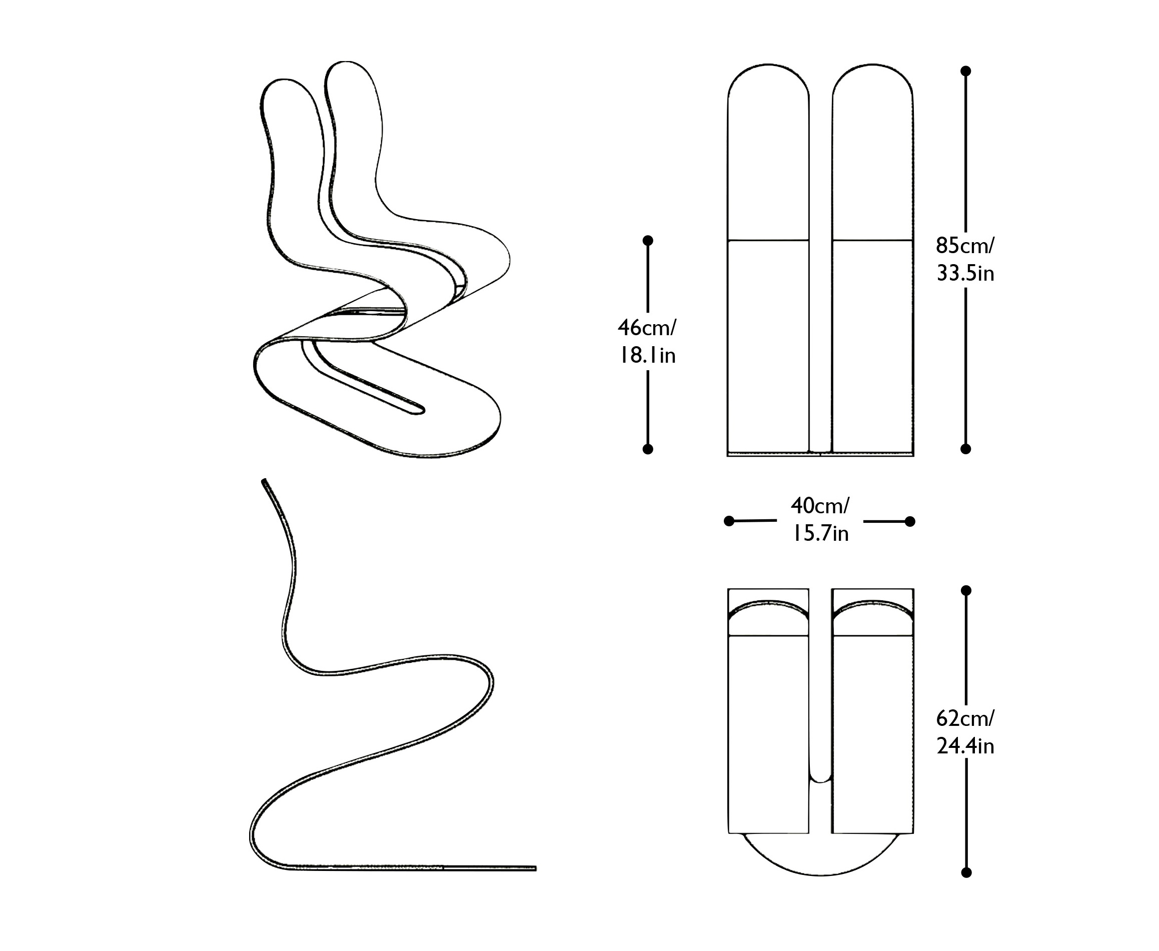 Technical line drawings of the Fluid Ribbon Chair in front, side and plan view with dimensions marked